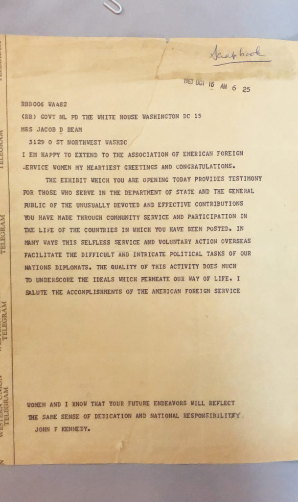 Telegram from President John F. Kennedy congratulating AAFSW on exhibit